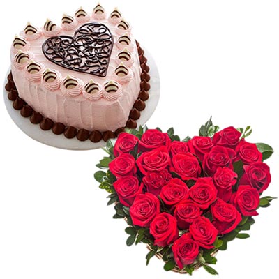 "Heart shape flower arrangement, Heart shape butterscotch cake - Click here to View more details about this Product